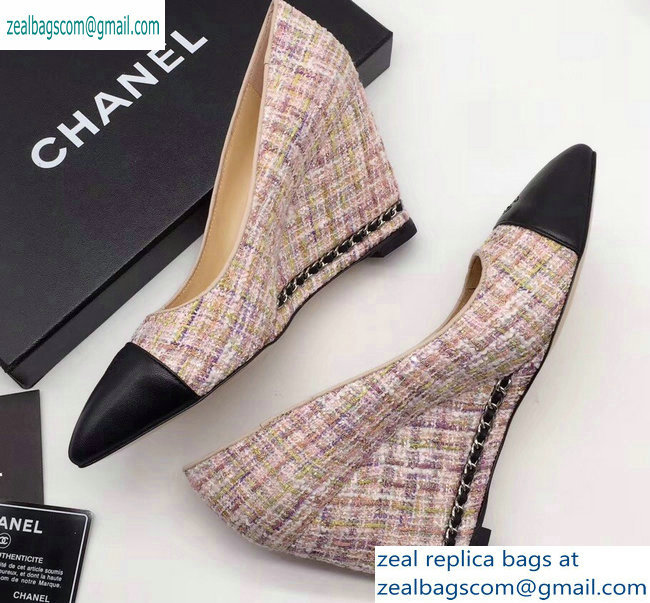 Chanel Chain Heel 8cm Wedge Pumps Tweed Pink 2019