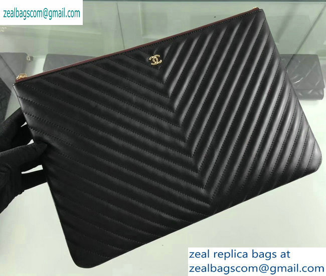 Chanel Classic Pouch Clutch Large Bag A82552 Chevron Lambskin Black/Gold