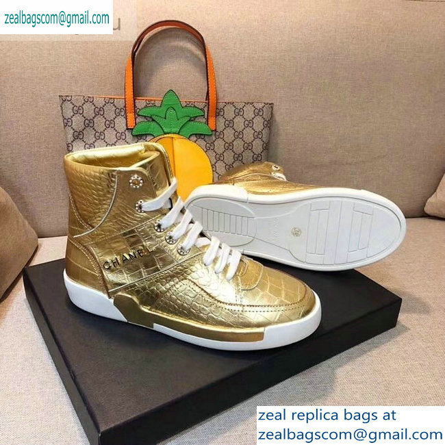 Chanel Crocodile Embossed Calfskin Sneakers G35079 Metallic Gold 2019