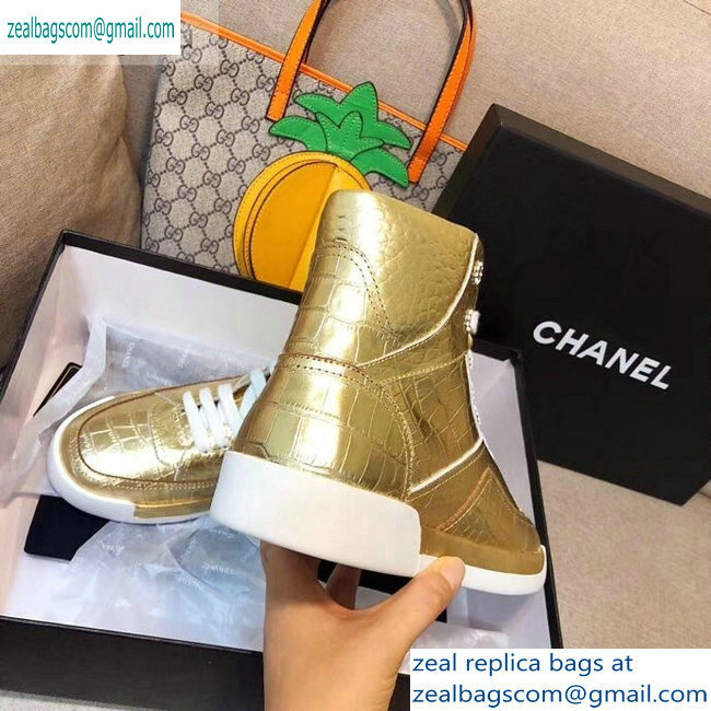 Chanel Crocodile Embossed Calfskin Sneakers G35079 Metallic Gold 2019