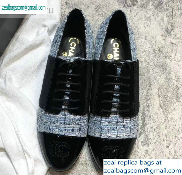 Chanel Glittered Fabric/Patent Calfskin Lace-Ups G34128 Tweed Blue 2019