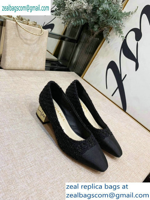 Chanel Heel 4cm Tweed/Grosgrain Pumps G34906 Black/Gold 2019