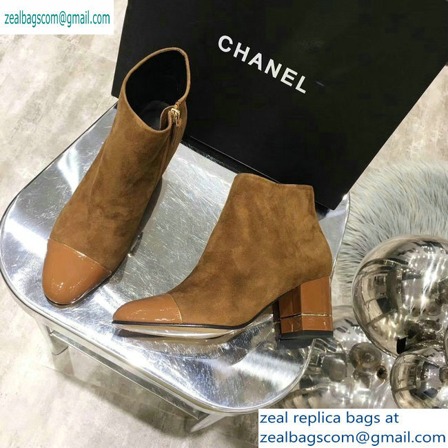 Chanel Heel 5.5cm Ankle Boots Suede Brown/Patent Leather 2019
