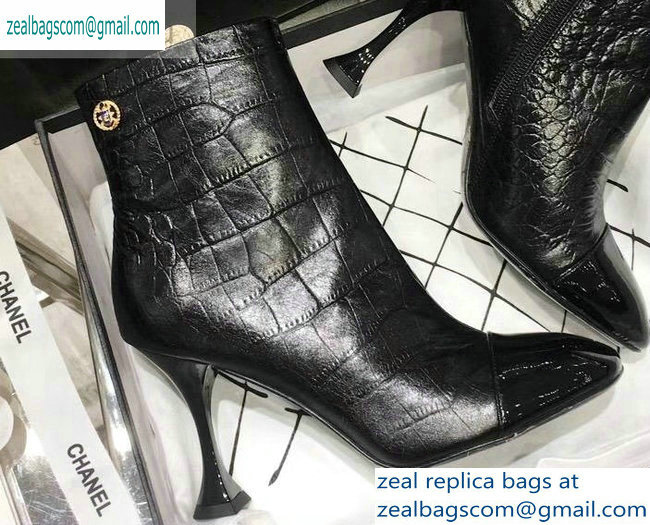 Chanel Heel 8.5cm Ankle Boots G34903 Embossed Matte Calfskin Black 2019