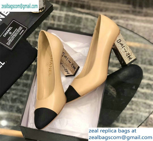 Chanel Heel 8cm Lambskin/Grosgrain Pumps G34905 apricot/Black 2019