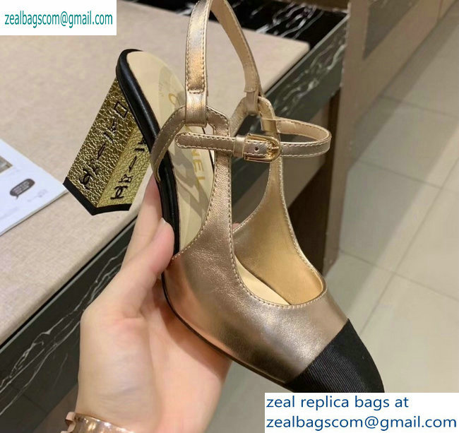 Chanel Heel 8cm Metallic Goatskin/Grosgrain Pumps G34907 Gold/Black 2019