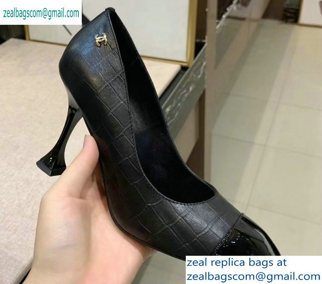 Chanel Heel 9cm Embossed Matte Calfskin/Patent Black Pumps G34885 2019 - Click Image to Close