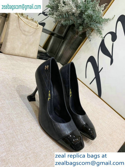 Chanel Heel 9cm Embossed Matte Calfskin/Patent Black Pumps G34885 2019