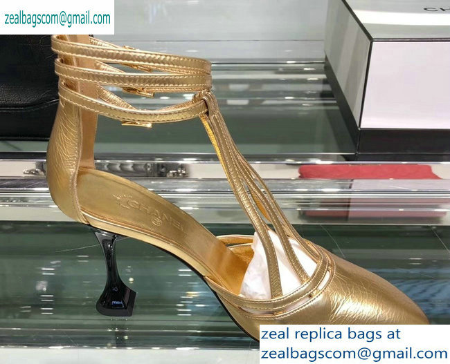 Chanel Heel 9cm Laminated Lambskin Sandals G34886 Gold 2019