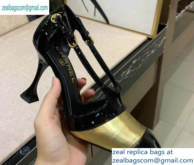 Chanel Heel 9cm Patent Black/Embossed Matte Calfskin Gold Pumps 2019