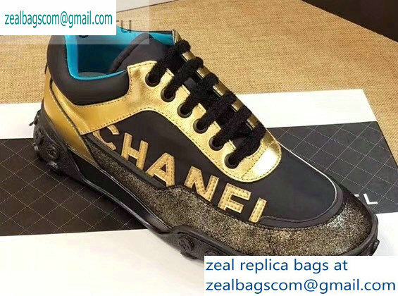 Chanel Logo Metallic Lambskin and Fabric Sneakers G34086 Gold/Black/Bronze 2019
