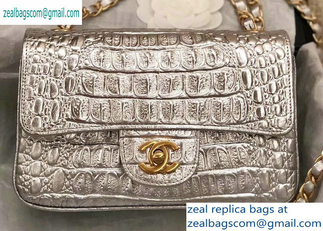 Chanel Metallic Crocodile Embossed Calfskin Mini Classic Flap Bag A69900 Silver 2019