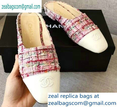 Chanel Mules Slipper Sandals Tweed Pink/White 2019