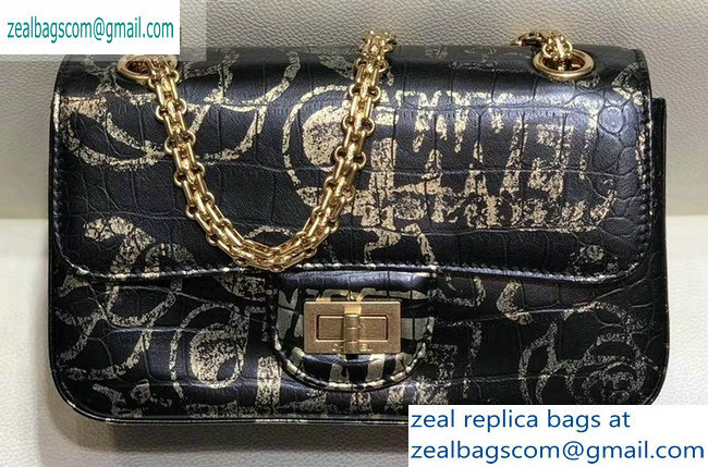 Chanel Reissue 2.55 Graffiti Crocodile Embossed Small Flap Bag AS0874 Black/Gold 2019