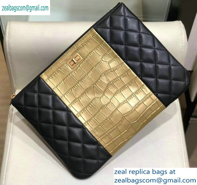 Chanel Reissue 2.55 Lambskin and Crocodile Embossed Calfskin Pouch Clutch Bag A82725 Black/Gold 2019