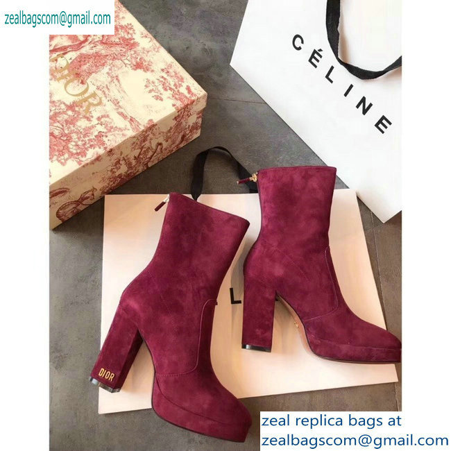 Dior Heel 10cm D-Rise Zipped Ankle Boots Suede Dark Red 2019
