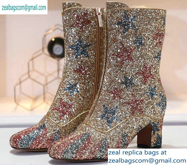 Dior Heel 6.5cm D-Circus Low Boots Stars and Stripes in Glitter Gold 2019 - Click Image to Close