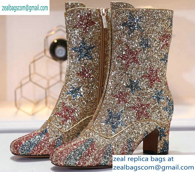 Dior Heel 6.5cm D-Circus Low Boots Stars and Stripes in Glitter Gold 2019