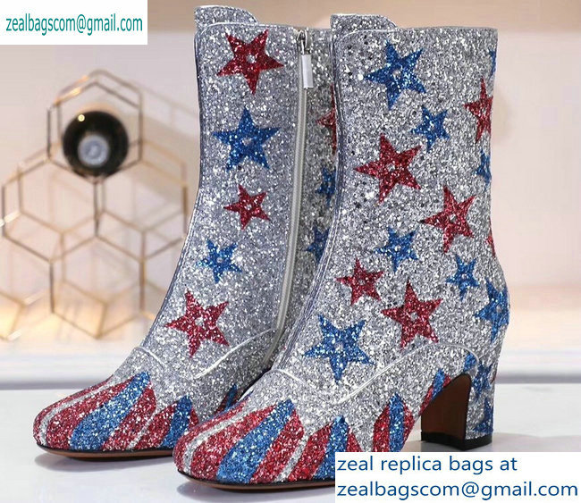 Dior Heel 6.5cm D-Circus Low Boots Stars and Stripes in Glitter Silver 2019