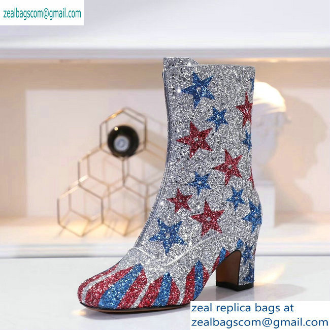 Dior Heel 6.5cm D-Circus Low Boots Stars and Stripes in Glitter Silver 2019