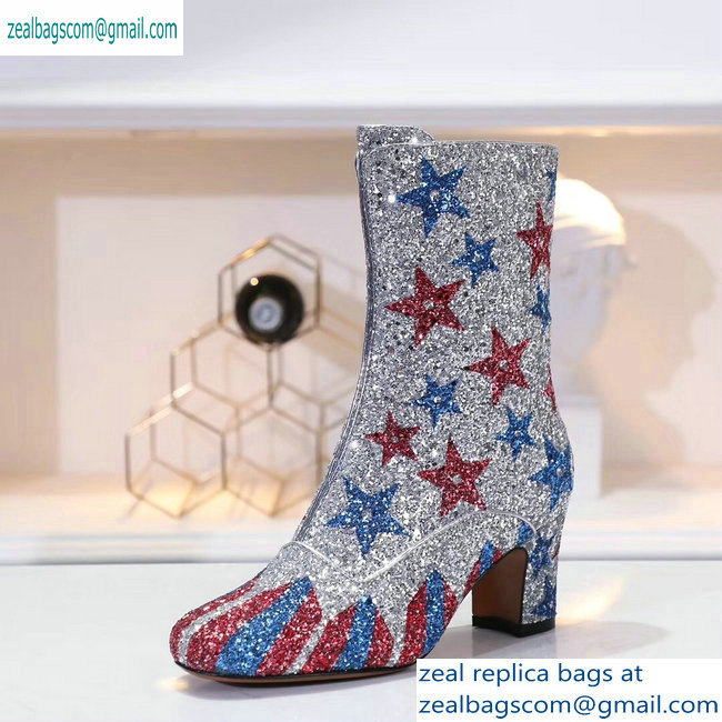 Dior Heel 6.5cm D-Circus Low Boots Stars and Stripes in Glitter Silver 2019 - Click Image to Close