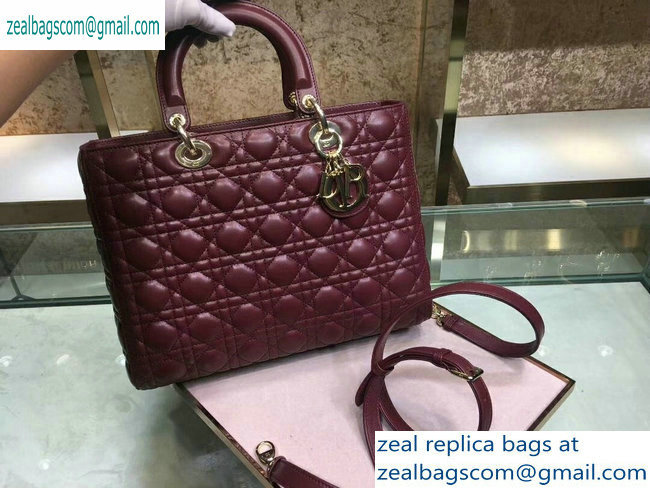 Dior Large Lady Dior Bag in burgundy sheepskin Leather with Gold Hardware