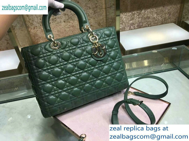Dior Large Lady Dior Bag in dark green sheepskin Leather with Gold Hardware