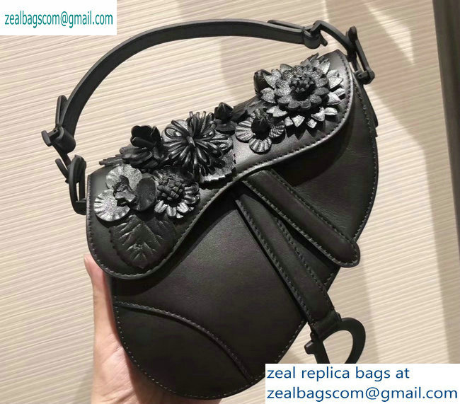 Dior Mini Saddle Bag in Black Lambskin with Embroidered Flowers Fall 2019