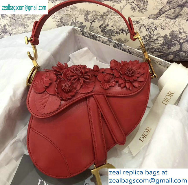 Dior Mini Saddle Bag in Red Lambskin with Embroidered Flowers Fall 2019