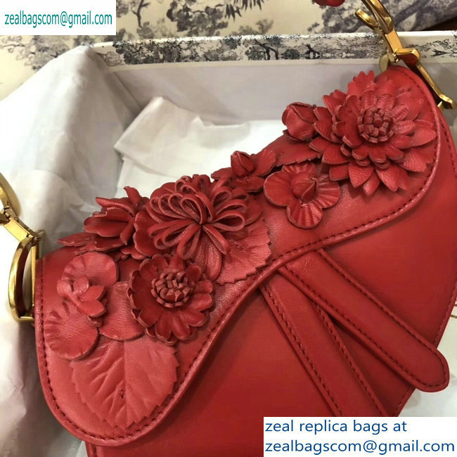 Dior Mini Saddle Bag in Red Lambskin with Embroidered Flowers Fall 2019