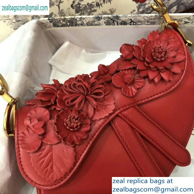 Dior Mini Saddle Bag in Red Lambskin with Embroidered Flowers Fall 2019