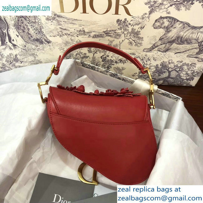 Dior Mini Saddle Bag in Red Lambskin with Embroidered Flowers Fall 2019