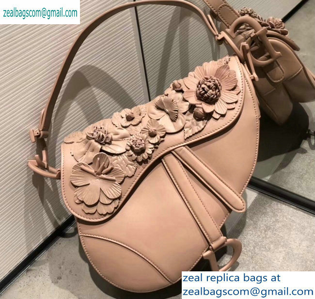 Dior Saddle Bag in Nude Pink Lambskin with Embroidered Flowers Fall 2019
