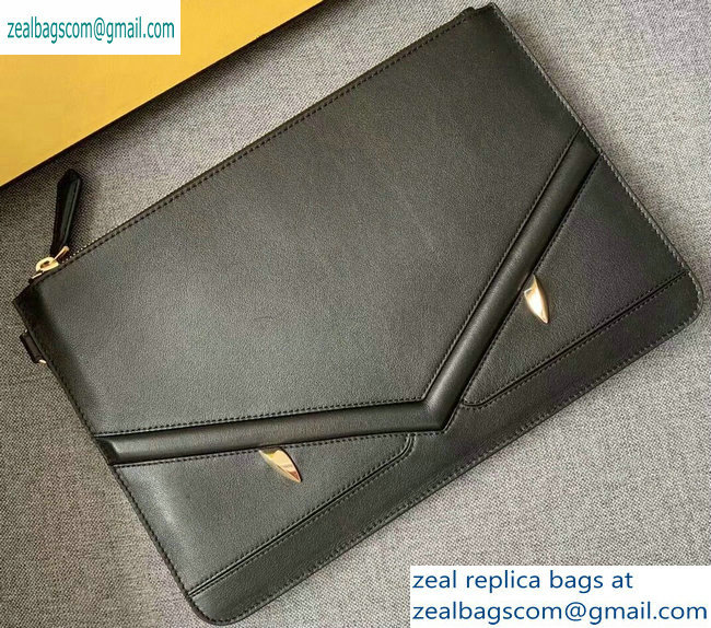 Fendi Bag Bugs Eyes Slim Zippered Pouch Clutch Bag Leather Black 2019 - Click Image to Close