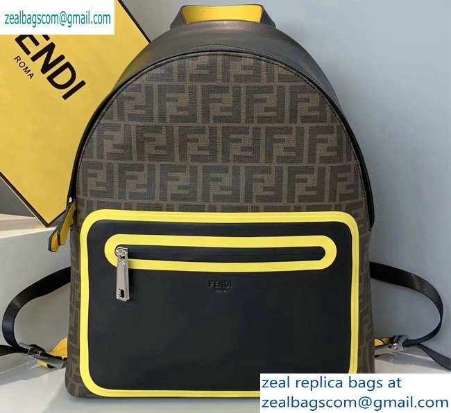 Fendi FF Logo Fabric Large Lackpack Bag with Front Pocket Brown/Yellow Piping 2019