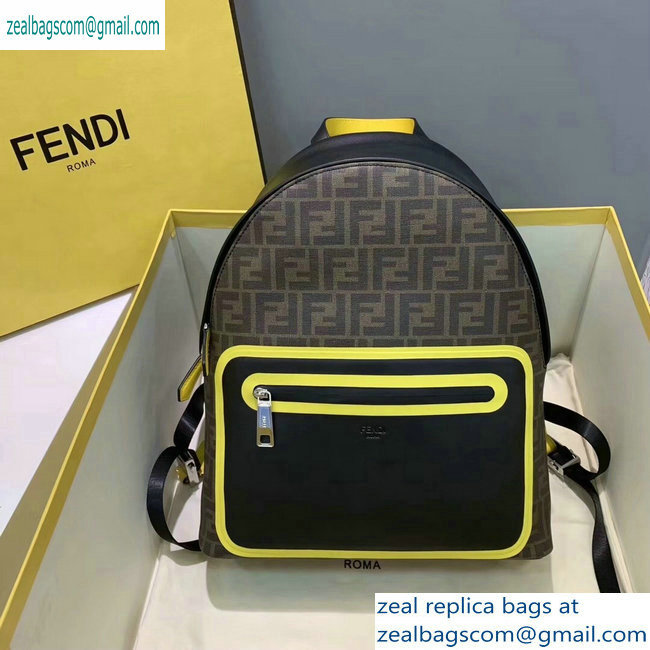 Fendi FF Logo Fabric Large Lackpack Bag with Front Pocket Brown/Yellow Piping 2019