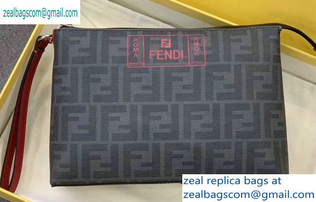 Fendi FF Logo Fabric Medium Slim Pouch Bag Black/Red Piping 2019