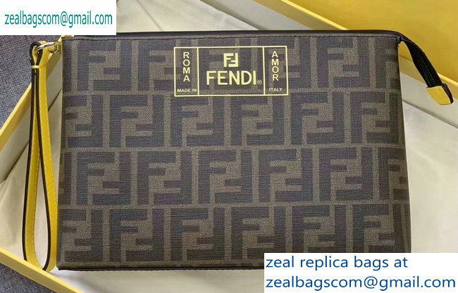 Fendi FF Logo Fabric Medium Slim Pouch Bag Brown/Yellow Piping 2019 - Click Image to Close