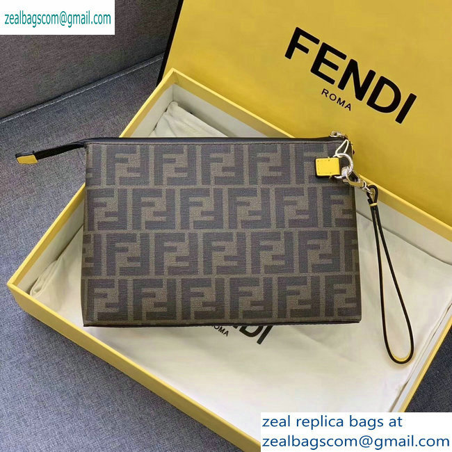 Fendi FF Logo Fabric Medium Slim Pouch Bag Brown/Yellow Piping 2019