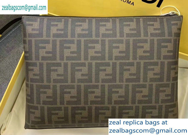 Fendi FF Logo Fabric Pouch Clutch Bag Brown/Yellow Piping 2019 - Click Image to Close