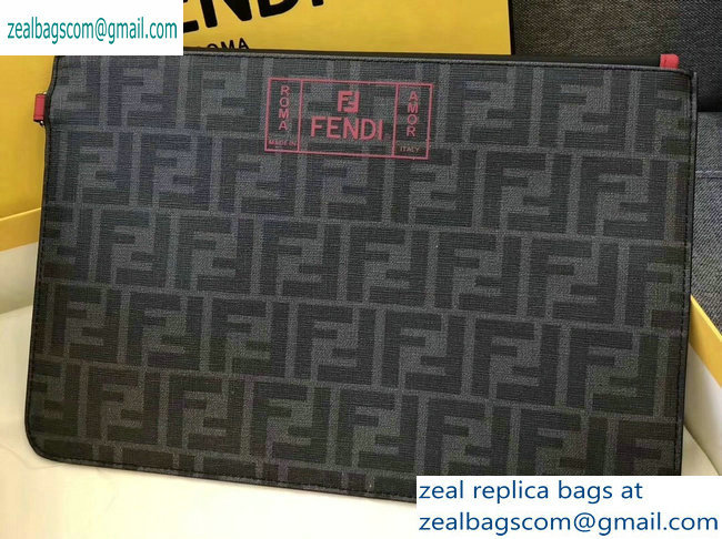 Fendi FF Logo Fabric Zippered Pochette Pouch Bag Black/Red Piping 2019 - Click Image to Close