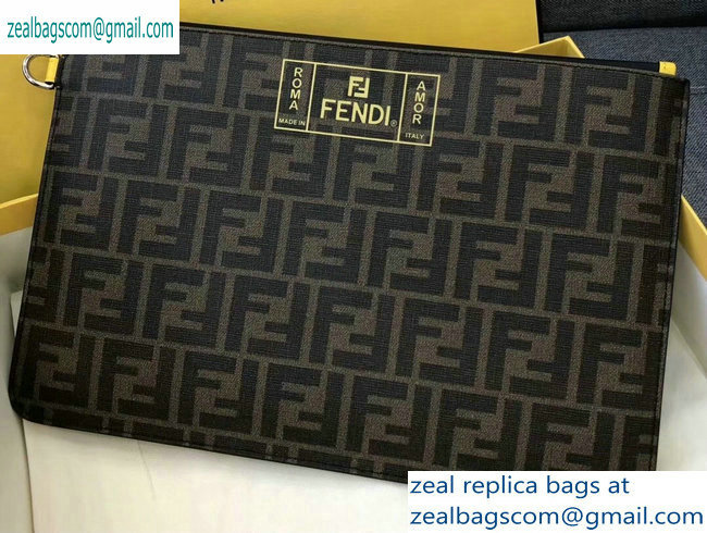 Fendi FF Logo Fabric Zippered Pochette Pouch Bag Brown/Yellow Piping 2019