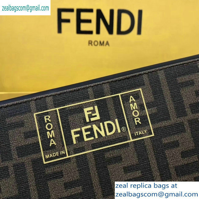 Fendi FF Logo Fabric Zippered Pochette Pouch Bag Brown/Yellow Piping 2019