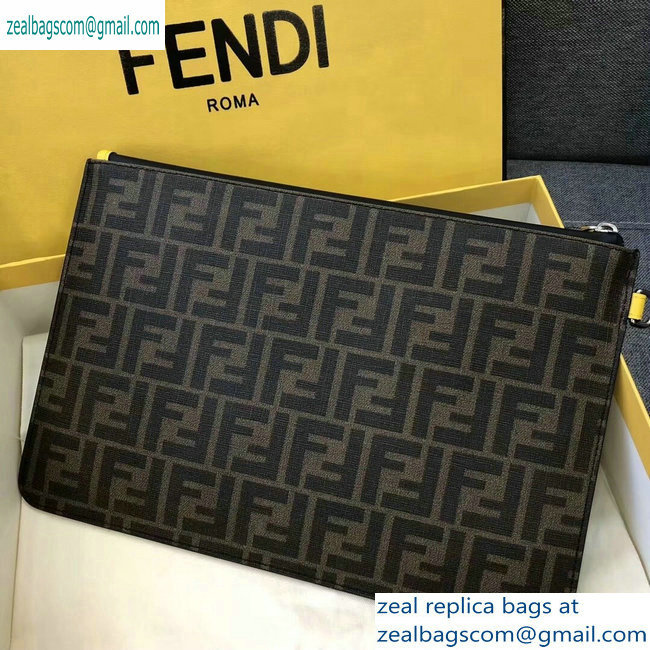 Fendi FF Logo Fabric Zippered Pochette Pouch Bag Brown/Yellow Piping 2019