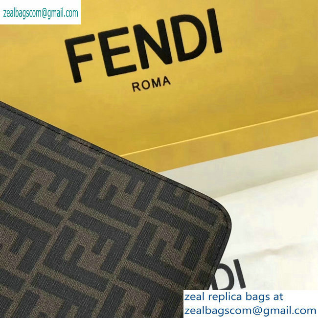 Fendi FF Logo Fabric Zippered Pochette Pouch Bag Brown/Yellow Piping 2019