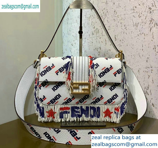 Fendi Mania Logo Fringe Medium Baguette Bag White/Red/Blue 2019