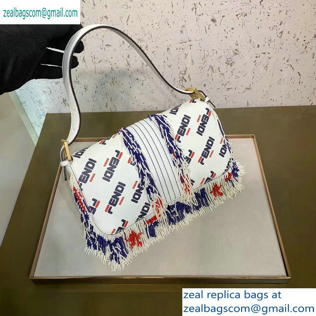 Fendi Mania Logo Fringe Medium Baguette Bag White/Red/Blue 2019