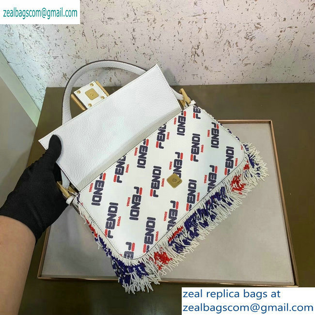 Fendi Mania Logo Fringe Medium Baguette Bag White/Red/Blue 2019