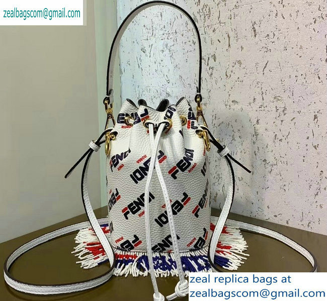 Fendi Mania Logo Fringe Mon Tresor Bucket Bag White/Red/Blue 2019