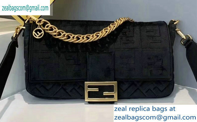 Fendi Velvet Embossed FF Motif Baguette Large Bag Black 2019